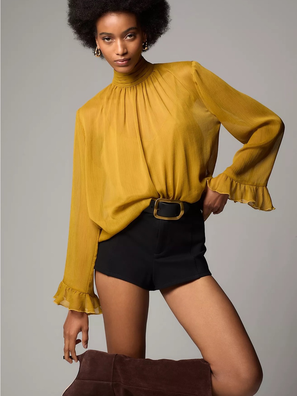 By Anthropologie Long-Sleeve High-Neck Sheer Blouse Mustard